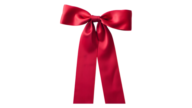 Elegant red satin bow tied with long flowing tails isolated on a solid black background