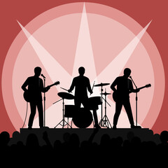 Silhouette of rock band performing on stage under bright spotlights, creating an energetic and captivating atmosphere for the audience, showcasing musical talent and passion.