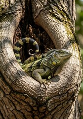 Iguana in Tree Hollow - A Natural Reptilian Retreat.