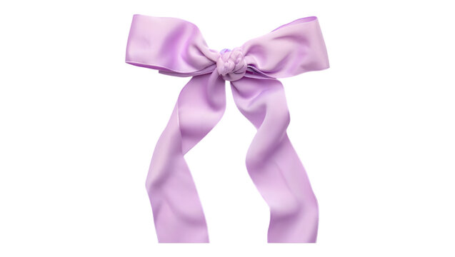 Elegant light purple satin ribbon bow with flowing tails isolated on a deep black background