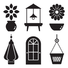 Diverse collection of home decor elements and furniture silhouettes for interior design projects