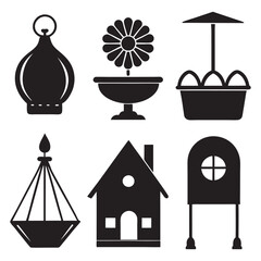 Collection of diverse home decor elements presented as clean modern silhouettes for interior design projects