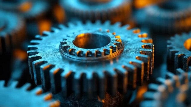 Close-up of mechanical gears with blue lighting for industrial technology video