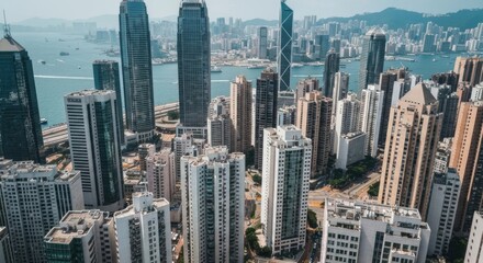 Obraz premium Aerial view of a densely packed city with tall skyscrapers, overlooking a body of water