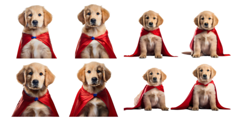Playful Golden Retriever Puppy in Superhero Cape Poses Together, Isolated on Transparent, white background