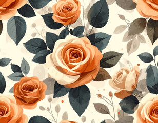 Seamless Vintage Floral Pattern with Orange Roses and Leaves, Elegant Botanical Design