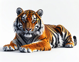 Beautiful Bengal Tiger Lying Down on White Background, Majestic Wildlife Portrait