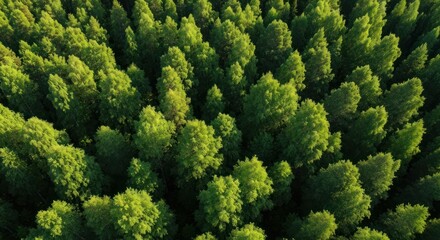Fototapeta premium Aerial view of lush green treetops, dappled with sunlight, creating a dense forest canopy