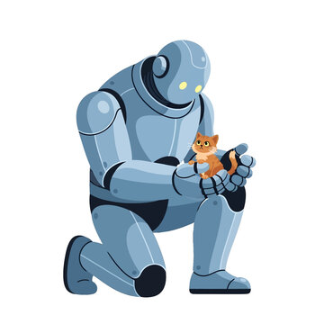 Robot Kneeling and Holding a Small Orange Kitten.