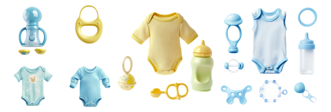 Colorful Baby Essentials and Cute Accessories for Newborns, Isolated on Transparent, white background