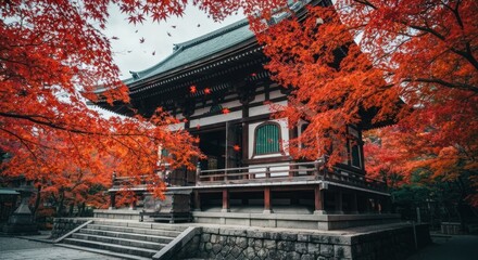 Ancient structure in Japan enveloped by vibrant autumn foliage; a tranquil, colorful scene