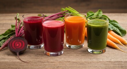 Assortment of vibrant, fresh juice glasses with vegetables on a weathered wooden surface