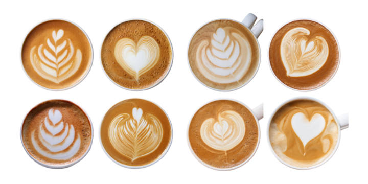 Art latte art of latte coffee in paper cup, milk foam with heart ripple, set collection, mega bundle, isolated on transparent background