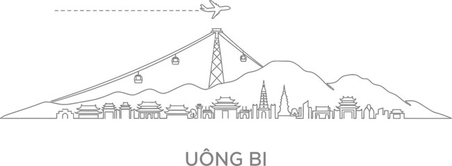 Obraz premium Uong Bi Vietnam Cityscape Line Art with Cable Cars and Airplane