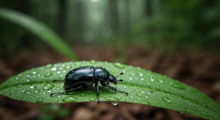 Naklejka premium Beetle rests on a dew-covered leaf in a blurred forest background