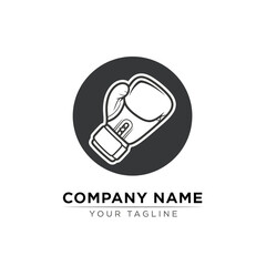 A black and white graphic logo featuring a boxing glove inside a circle, with text below.