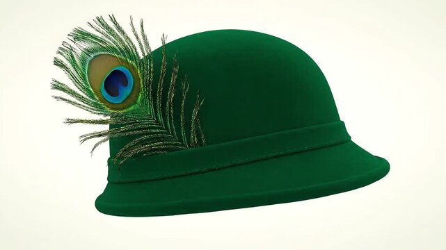 Elegant green hat adorned with a vibrant peacock feather, a symbol of sophistication and style.