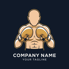 Muscular faceless boxer mascot logo with golden gloves in a fighting pose.