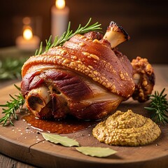 Roasted Pork Knuckle with Mustard and Rosemary on Wooden Board.