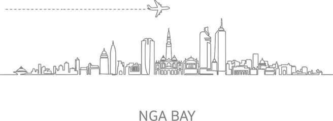 Fototapeta premium Nga Bay Skyline with Airplane and Flight Path Line Art