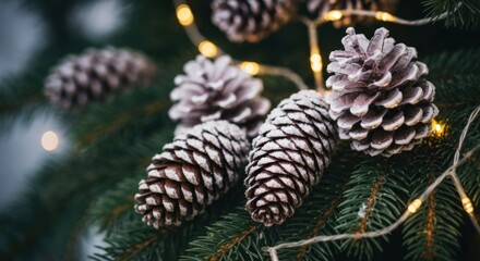 Close-up captures frosted pinecones nestled in evergreen boughs, with string lights