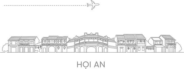 Fototapeta premium Hoi An Skyline Line Art with Airplane Travel Concept