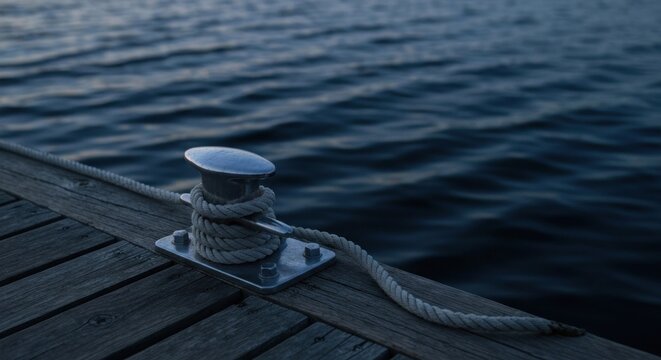 Close-up of a bollard with rope on a weathered dock, with water in the background