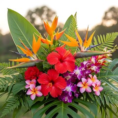 Tropical Flower Arrangement with Hibiscus, Bird of Paradise, and Plumeria.