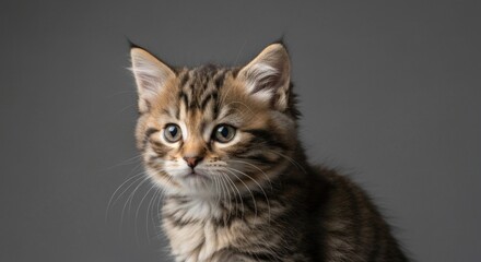 Close-up of a small, patterned kitten with alert expression against a muted grey background