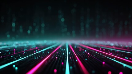 Obraz premium Neon tech grid with magenta and teal lines, abstract circuitry and data haze