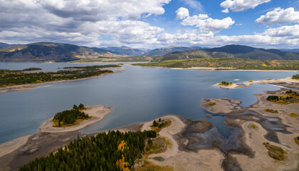 Aerial view of Scenic Dillion reservoir and recreation area with many islands in autumn time near...