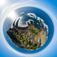 Tiny Planet View of Tenerife Coastline with Lush Vegetation.
