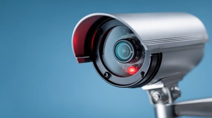 security camera with red indicator light on against blue background