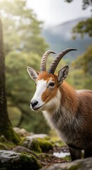 Majestic Ibex Gazing in the Forest Wilderness.