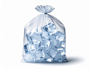 Plastic Bag Full of Ice Cubes on White Background, Cold Refreshing Concept