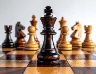 Black King Chess Piece on Wooden Board with Other Pieces, Strategy and Leadership Concept