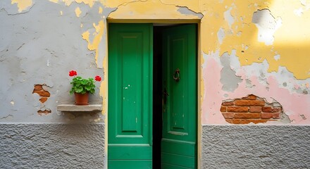 Charming Green Doorway with Flower Pot in an Old Italian Town.