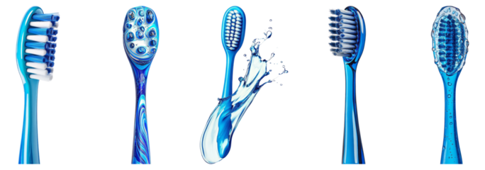 Colorful Toothbrushes with Unique Designs and Vibrant Blue Themes, Isolated on Transparent, white background