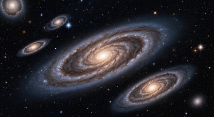 Cosmic spiral galaxies in a vast, dark expanse, showcasing stellar nurseries & star clusters