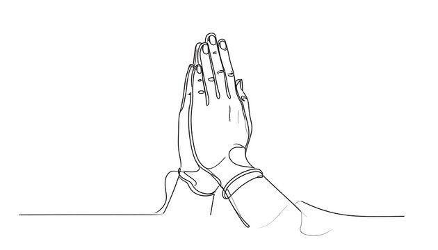 A continuous line art of hands clasped together in a gesture of prayer