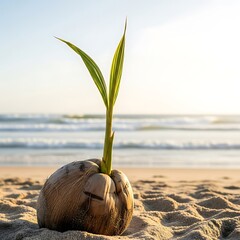 Coconut Sprout on Sandy Beach - New Life by the Sea.