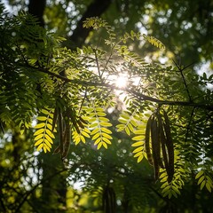 Sunlight filtering through the leaves of a black locust tree.