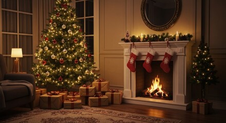 Cozy living room scene with lit tree, fireplace, presents, & stockings, festive & warm