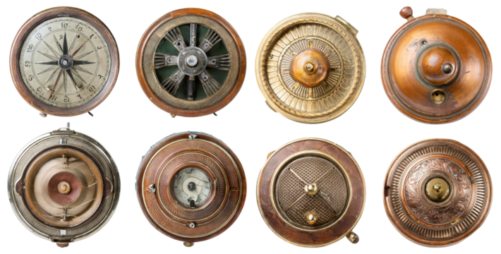 Vintage Antique Compasses and Navigational Instruments Collection, isolated on transparent background