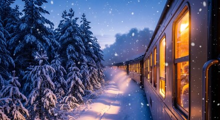 Winter train journey in a snowy landscape at night