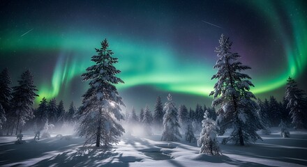 Northern Lights over a Snowy Winter Forest