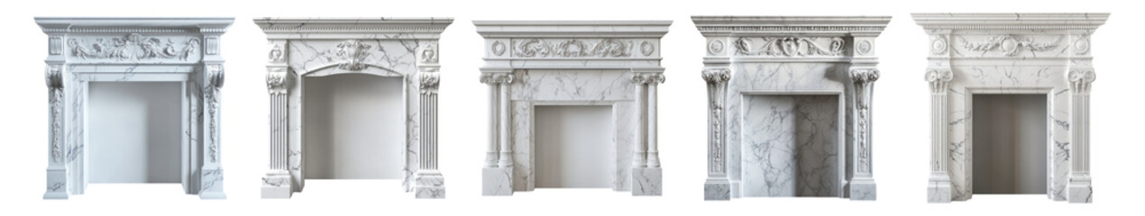 Fototapeta premium Elegant White Marble Fireplaces with Distinctive Designs and Styles, Isolated on Transparent, white background