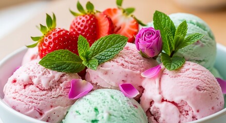 Delicious Ice Cream Bowl with Fresh Strawberries and Mint.