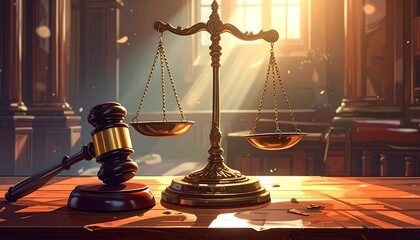 A courtroom scene showing gavel and scales of justice on a table