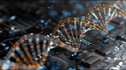 TechBio. Biotechnology. Organic technology. Future Economy. DNA. Cells. Nature. A close-up of DNA strands over a circuit board background - Powered by Adobe